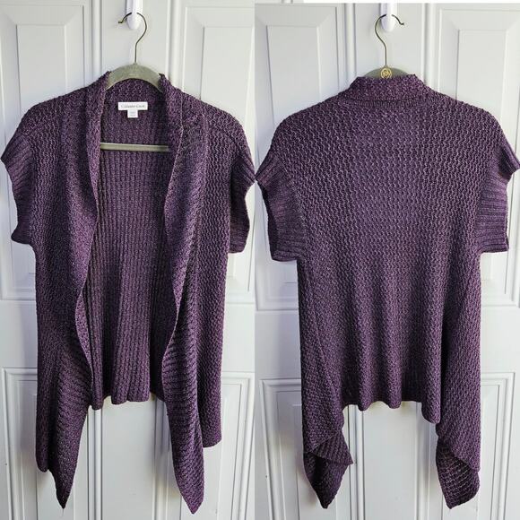 Coldwater Creek Linen Blend Cardigan Sweater Size XS Plum Purple Crochet Draping - Picture 1 of 10